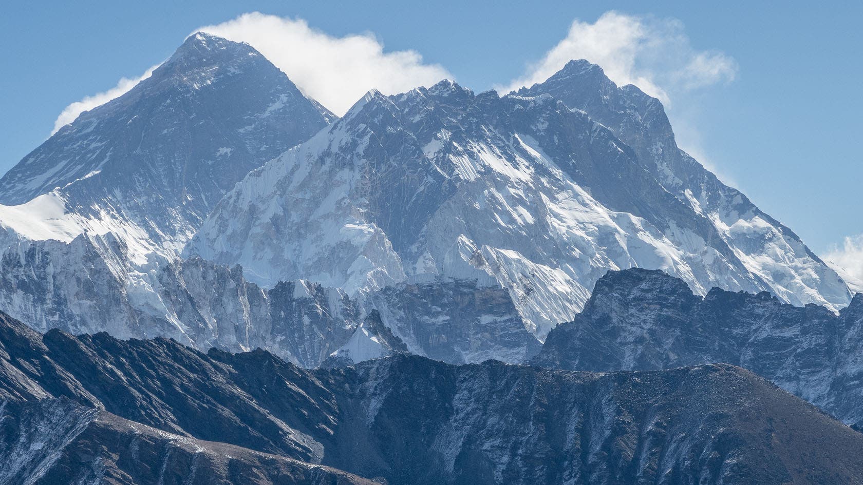 Mount Everest and Lhotse are battered by winds.