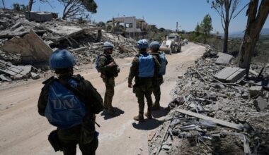Spanish UN peacekeepers deploy at a road in Dibbine village, southeast Lebanon on Friday.