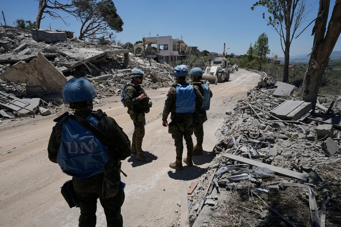 Spanish UN peacekeepers deploy at a road in Dibbine village, southeast Lebanon on Friday.