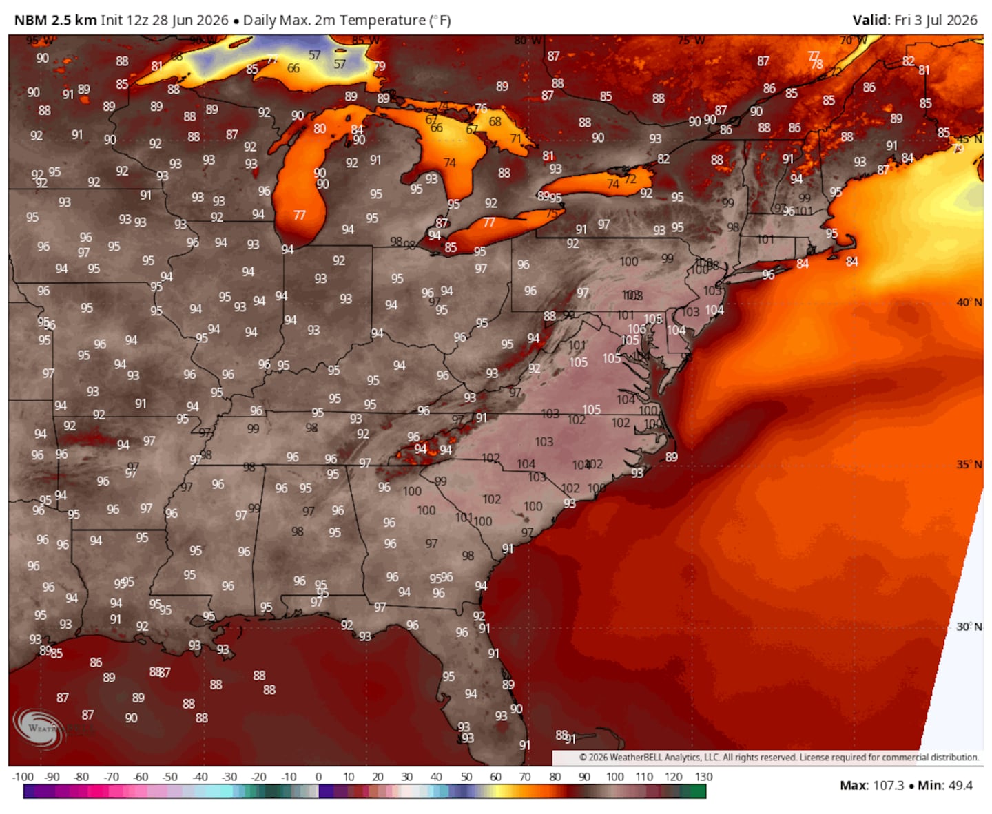 A heat dome is overtaking the eastern half of the United States this week. Above are the high temperatures forecast for Friday.