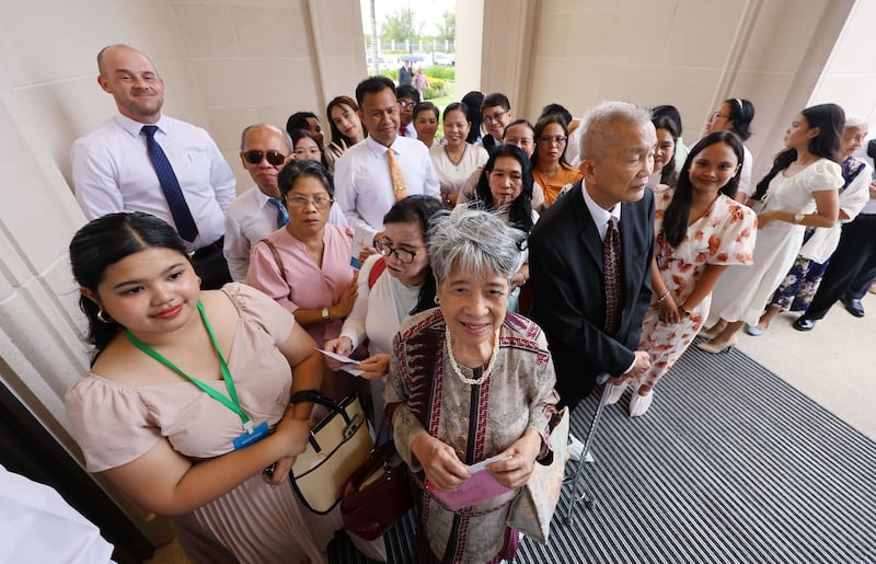 Attendees wait enter the Bacolod Philippines Temple for dedication in Bacolod City, Philippines, on Sunday, May 31, 2026.