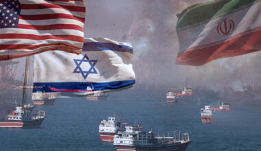 The flags of the United States, Israel, and Iran fly over a backdrop of ships and smoke, symbolizing the ongoing confrontation between the three nations. (Photo credit: Exclusive / Reuters)