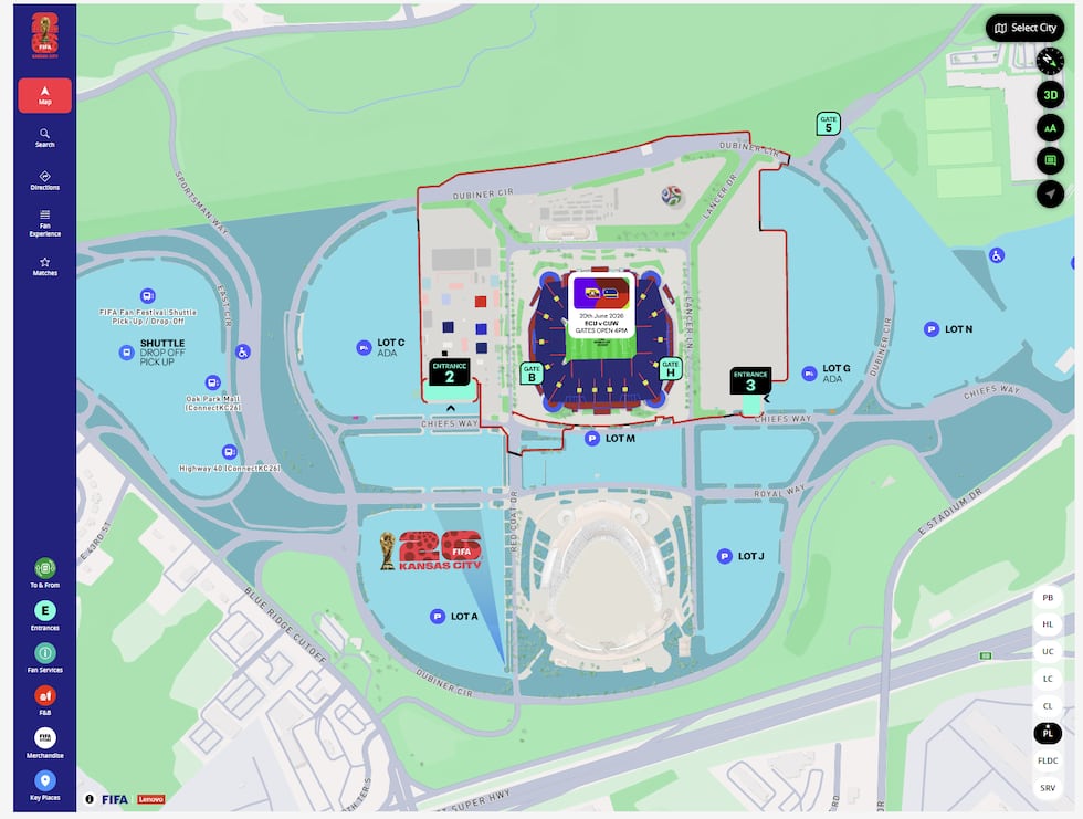 A map of the Arrowhead entrance set up for World Cup matches at Kansas City Stadium.