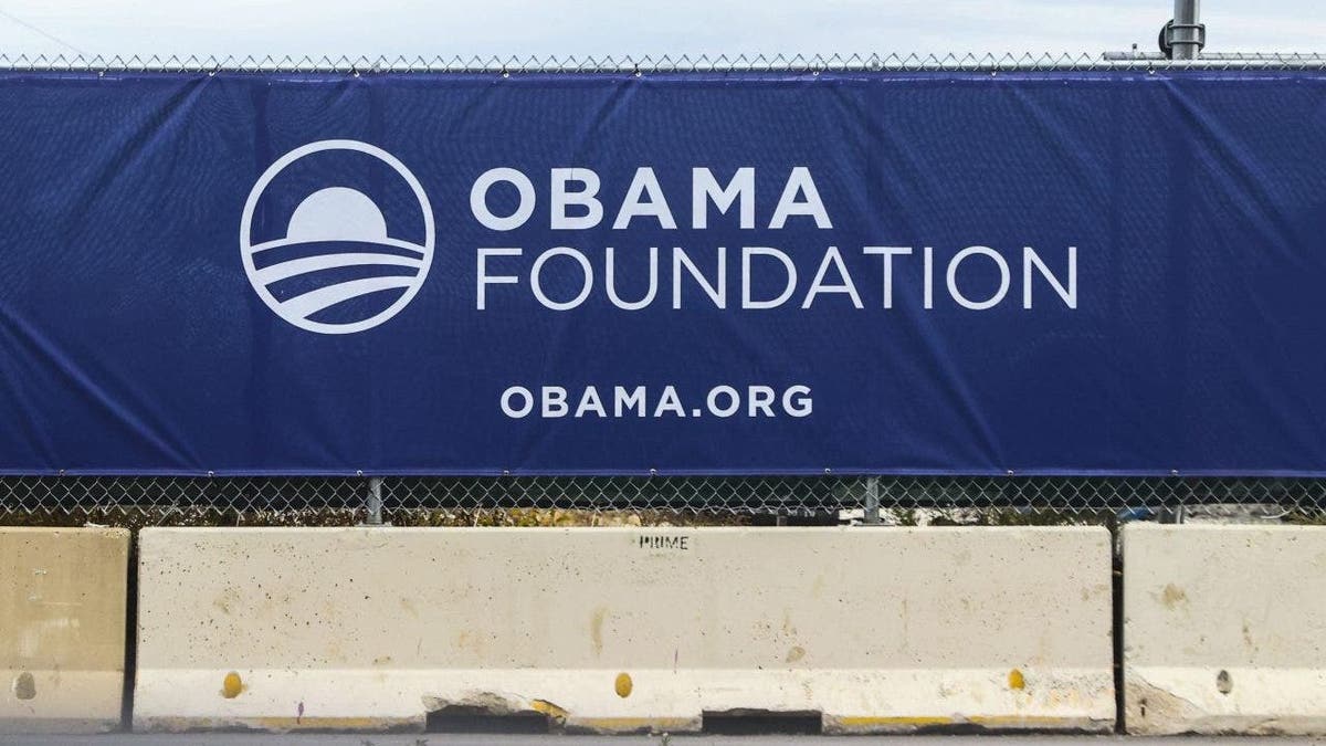 Obama Foundation banner displayed at the Obama Presidential Center construction site in Chicago