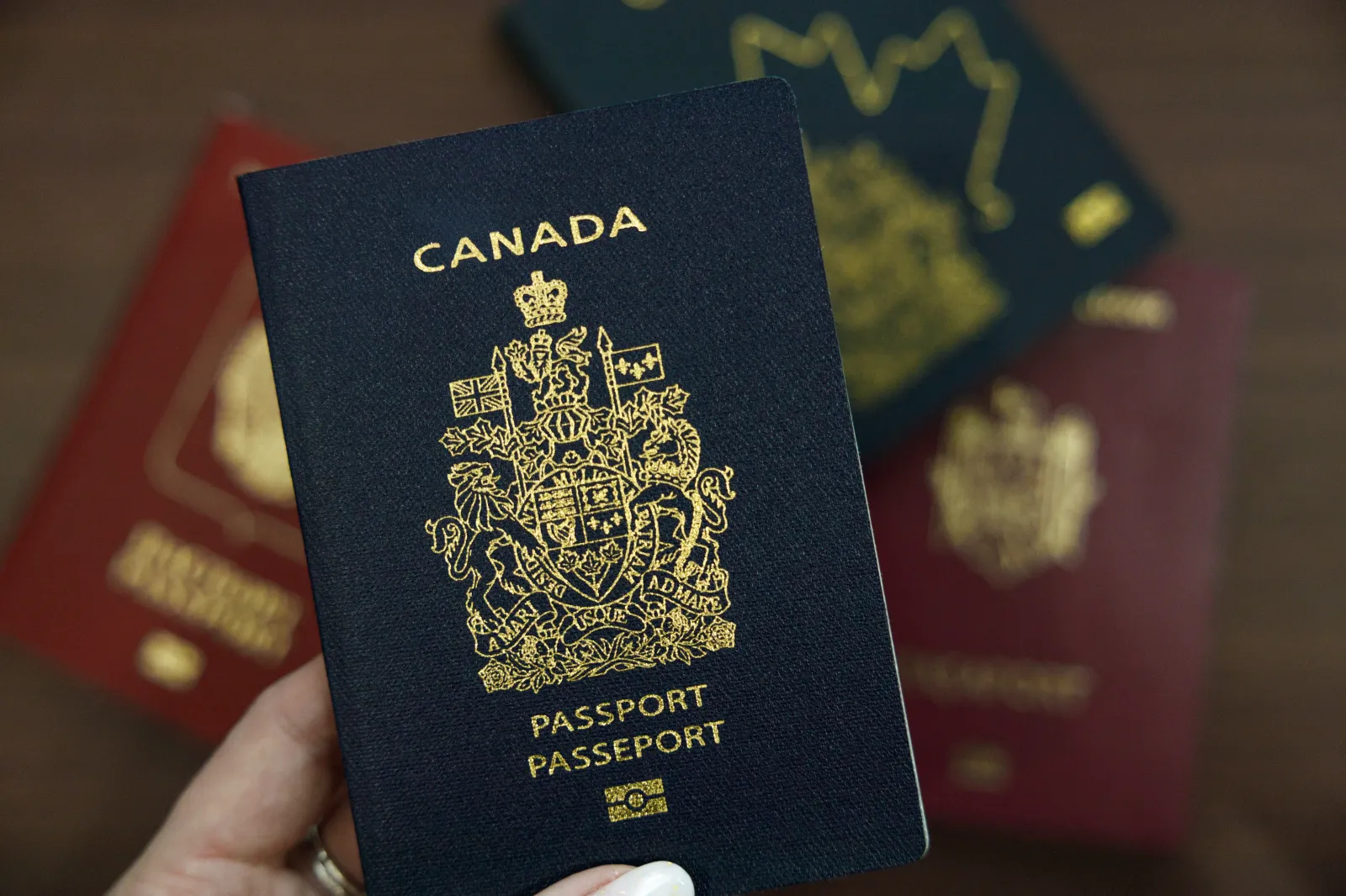 A hand holding a Canadian passport in Vancouver, Canada, on March 18, 2025.