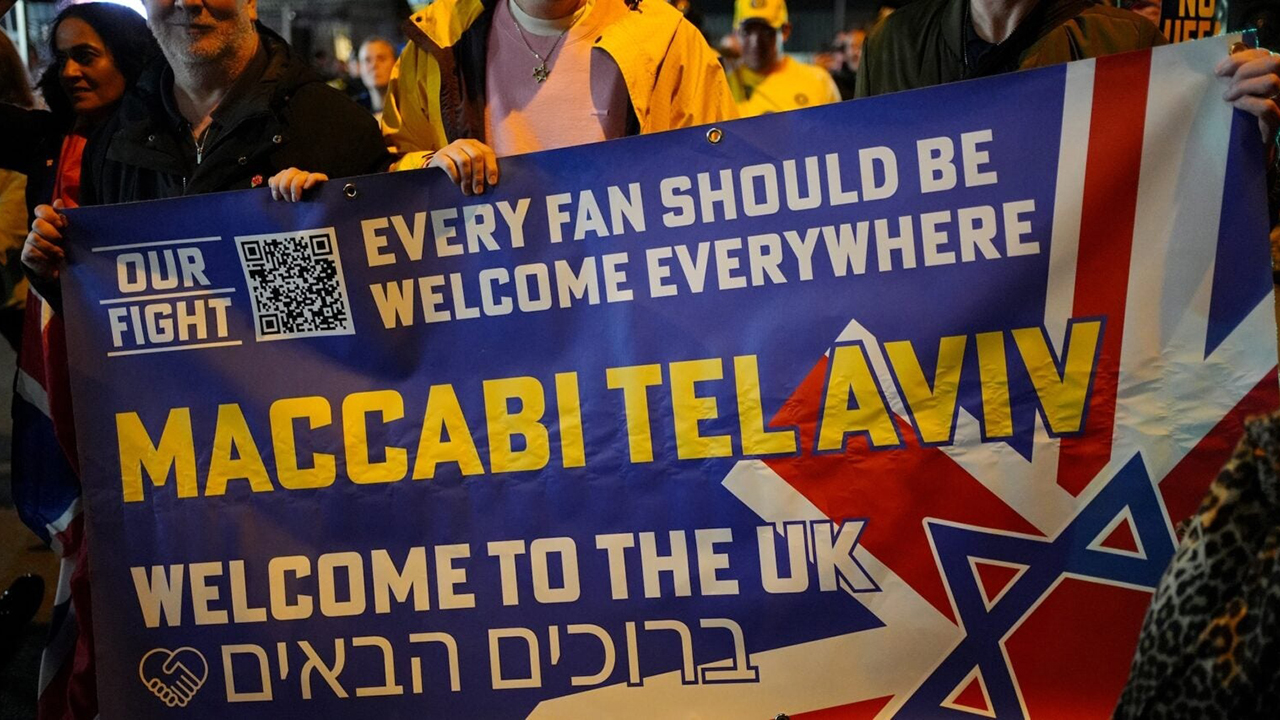 A banner is held by pro-Israel fans outside Villa Park, home of the U.K. team Aston Villa, before its UEFA Europa League match against Israel, Nov. 6, 2025. (Jacob King/PA Images via Getty Images)