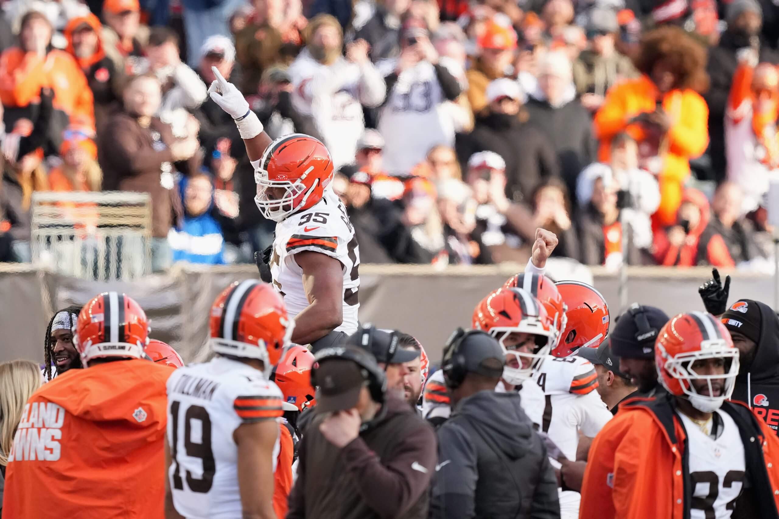 Myles Garrett celebrates after breaking the NFL's single-season sack record in January, 2026.