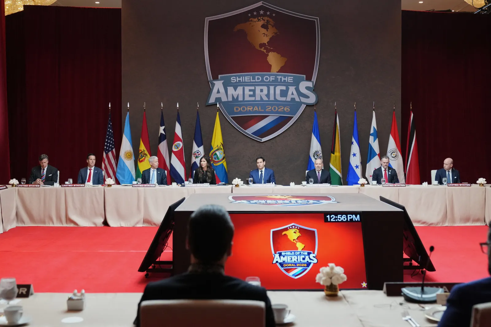 U.S. Secretary of State Marco Rubio, center, attends a working lunch at the "Shield of the Americas" Summit at Trump National Doral in Miami, Florida, on March 7. (Photo by Rebecca Blackwell/Pool/AFP via Getty Images)
