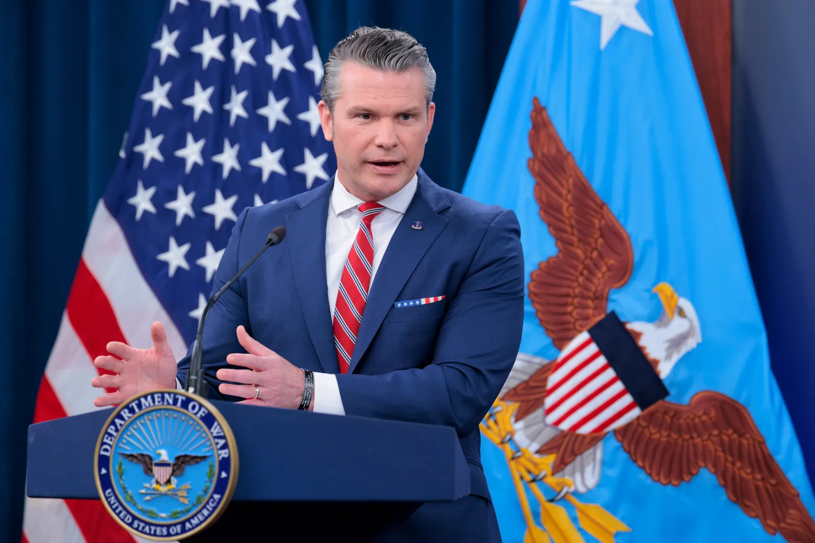U.S. Secretary of War Pete Hegseth speaks to reporters during a press briefing at the Pentagon on May 05, 2026 in Arlington, Virginia.