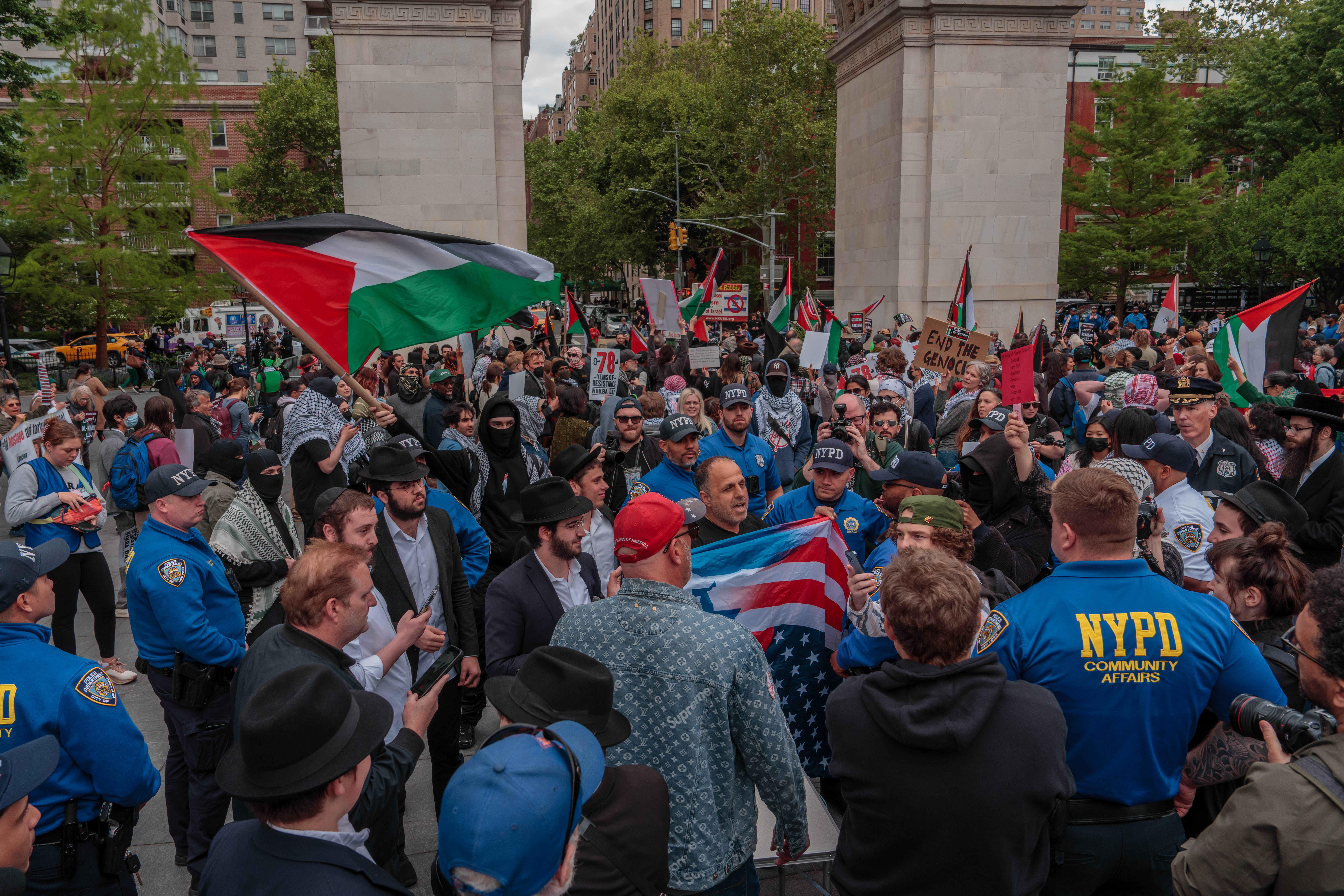 NEW YORK, NEW YORK - MAY 15: A supporter of Israel counter protests as pro-Palestinian activists take part in a protest on Nakba Day on May 15, 2026 in New York City. Pro-Palestinian activists worldwide marked the 78th anniversary of the Nakba amid the ongoing Israel-Gaza conflict. (Photo by Adam Gray/Getty Images)