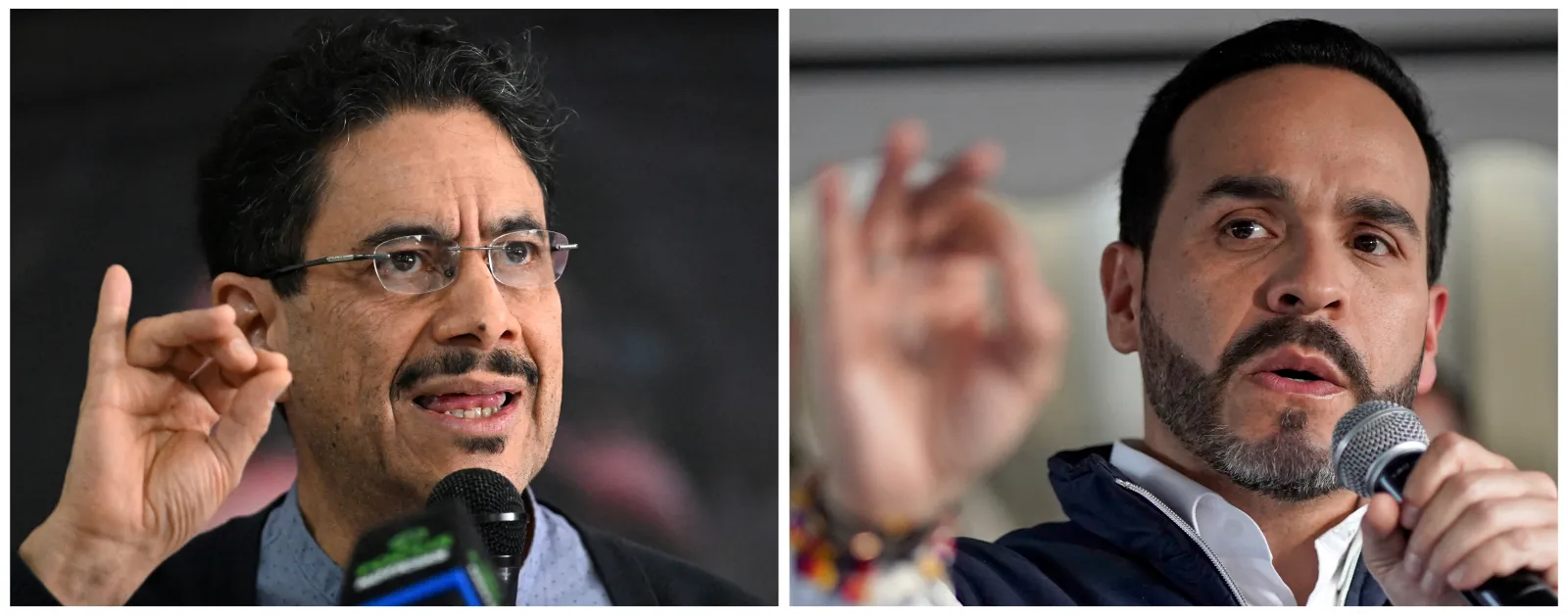 Colombian presidential candidate Ivan Cepeda, left, gestures as he speaks during a news conference in Bogota on June 1, while Colombia's right-wing presidential candidate Abelardo de la Espriella speaks to supporters during a campaign rally, also in Bogota, on May 6. (Photo by Luis Acosta and Sergio Yate/AFP via Getty Images)