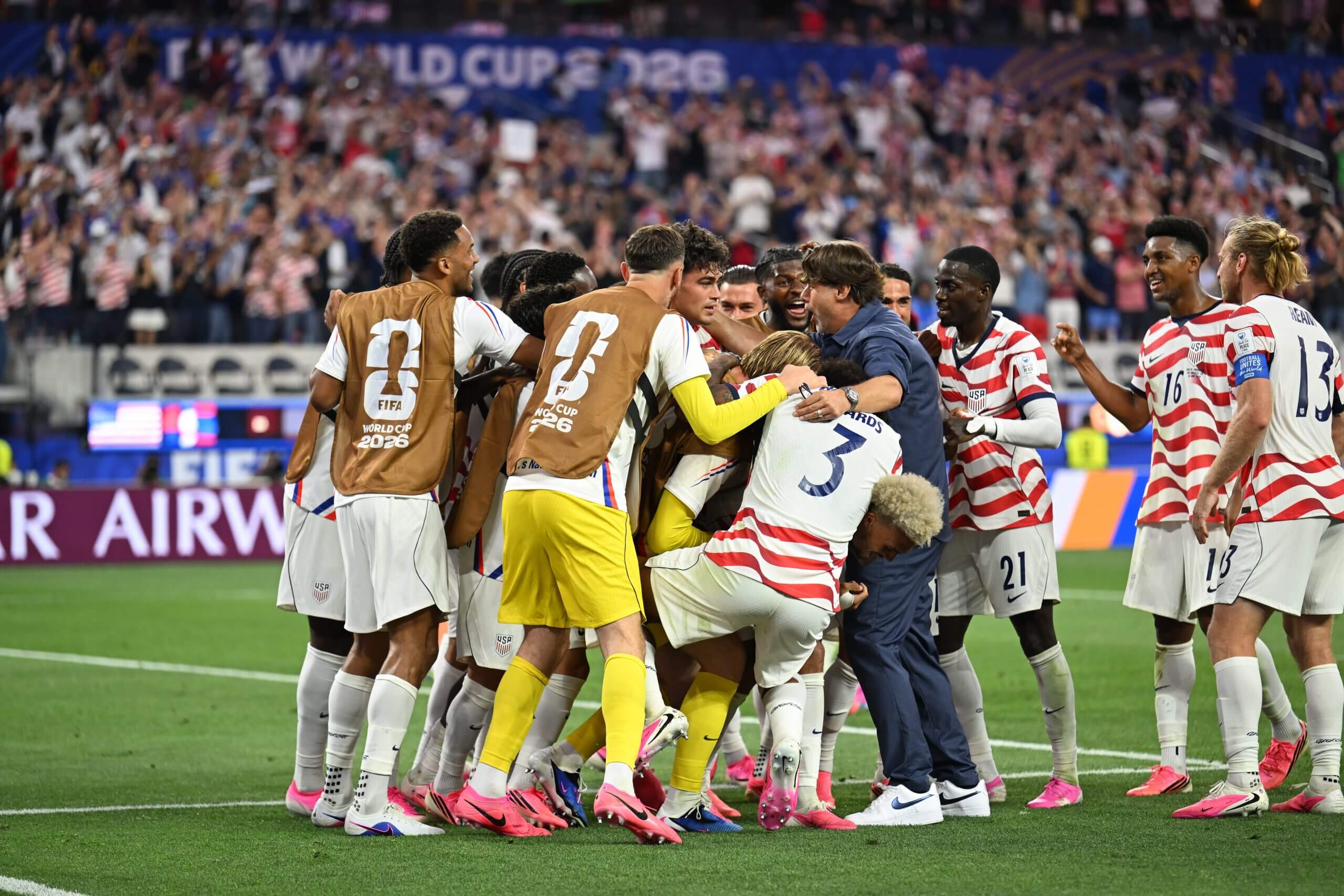 Mauricio Pochettino joins the USMNT goal celebration