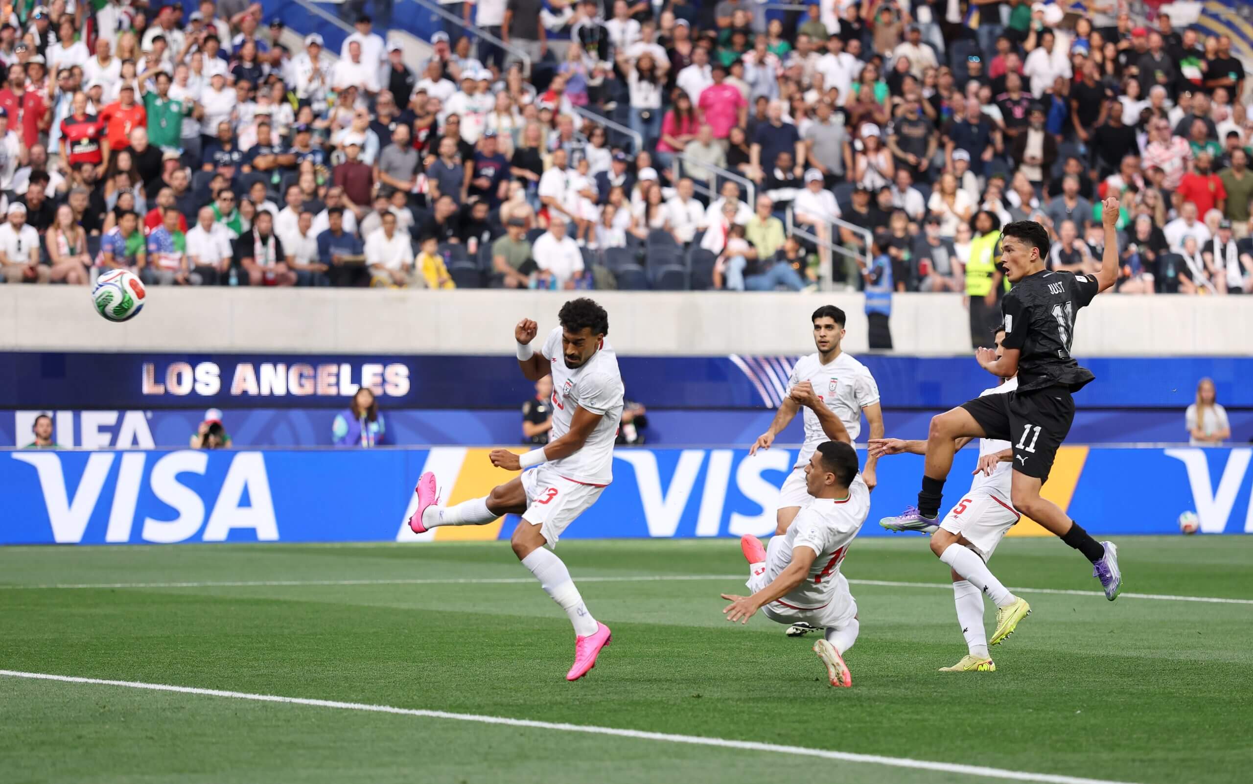 Elijah Just scores a goal for New Zealand