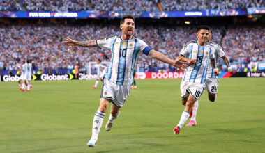 Lionel Messi #10 of Argentina celebrates scoring his team's first goal during the FIFA World Cup 2026 Group J match between Argentina and Algeria at Kansas City Stadium on June 16, 2026 in Kansas City, Missouri.
