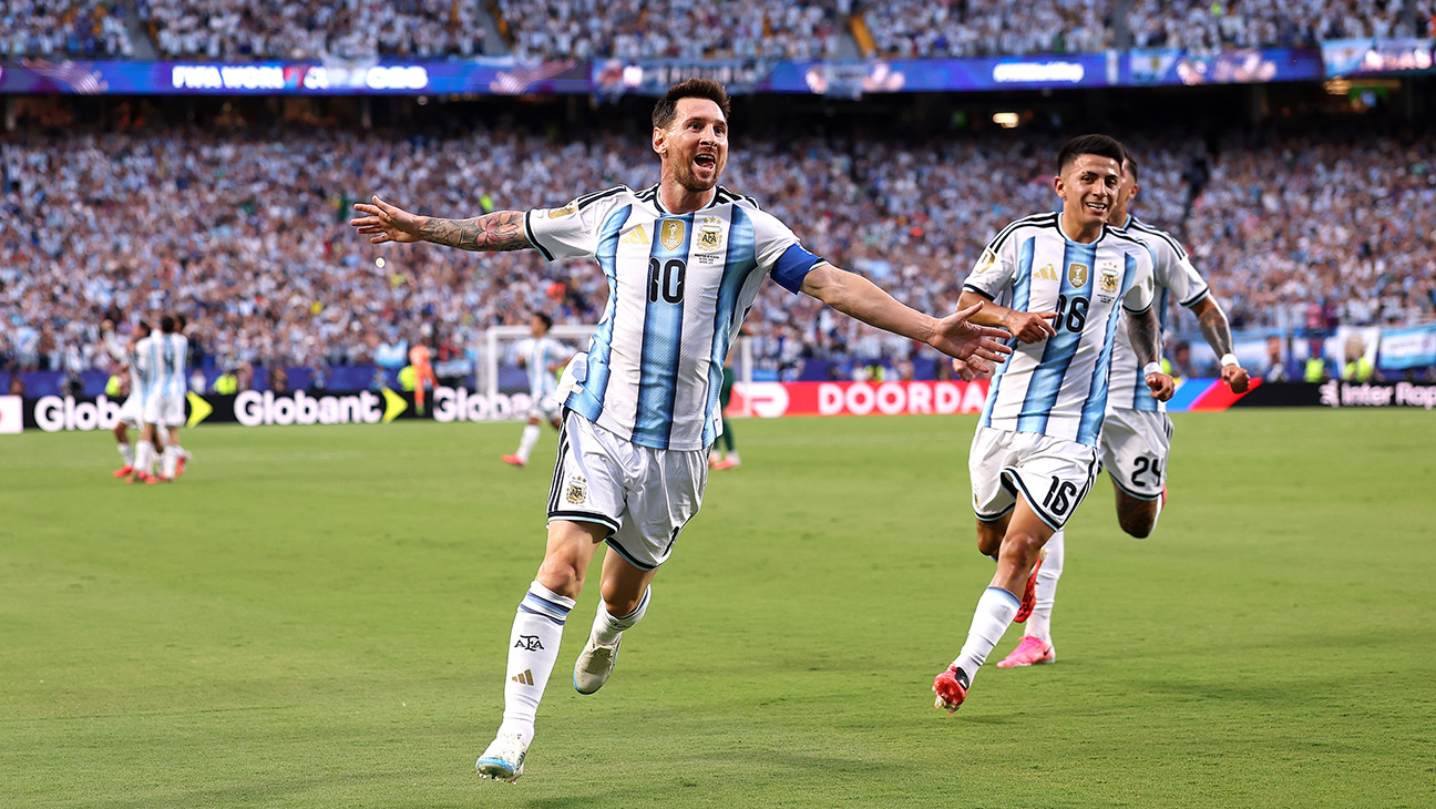 Lionel Messi #10 of Argentina celebrates scoring his team's first goal during the FIFA World Cup 2026 Group J match between Argentina and Algeria at Kansas City Stadium on June 16, 2026 in Kansas City, Missouri.