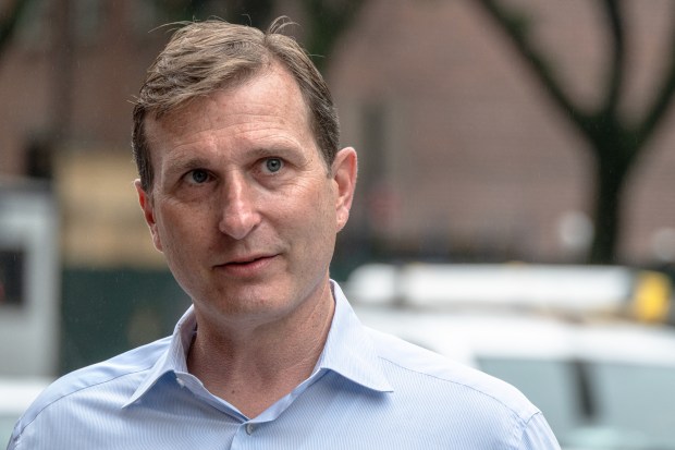 Rep Dan Goldman (D-NY) greets voters outside a polling station in Manhattan's West Village, on Primary Day, June 23, 2026 in New York City. (Photo by Laura Brett/Getty Images)