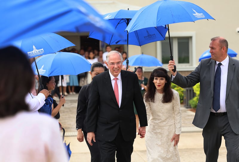 Elder Neil L. Andersen of the Quorum of the Twelve Apostles and his wife, Sister Kathy Andersen, arrive for the Bacolod Philippines Temple dedication in Bacolod City, Philippines, on Sunday, May 31, 2026.