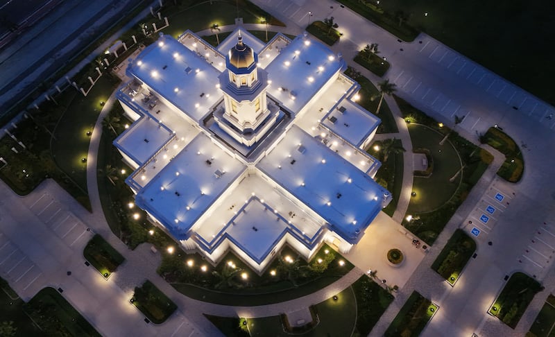 The lights are on at the Bacolod Philippines Temple in Bacolod City, Philippines, in this aerial photo on Saturday, May 30, 2026.