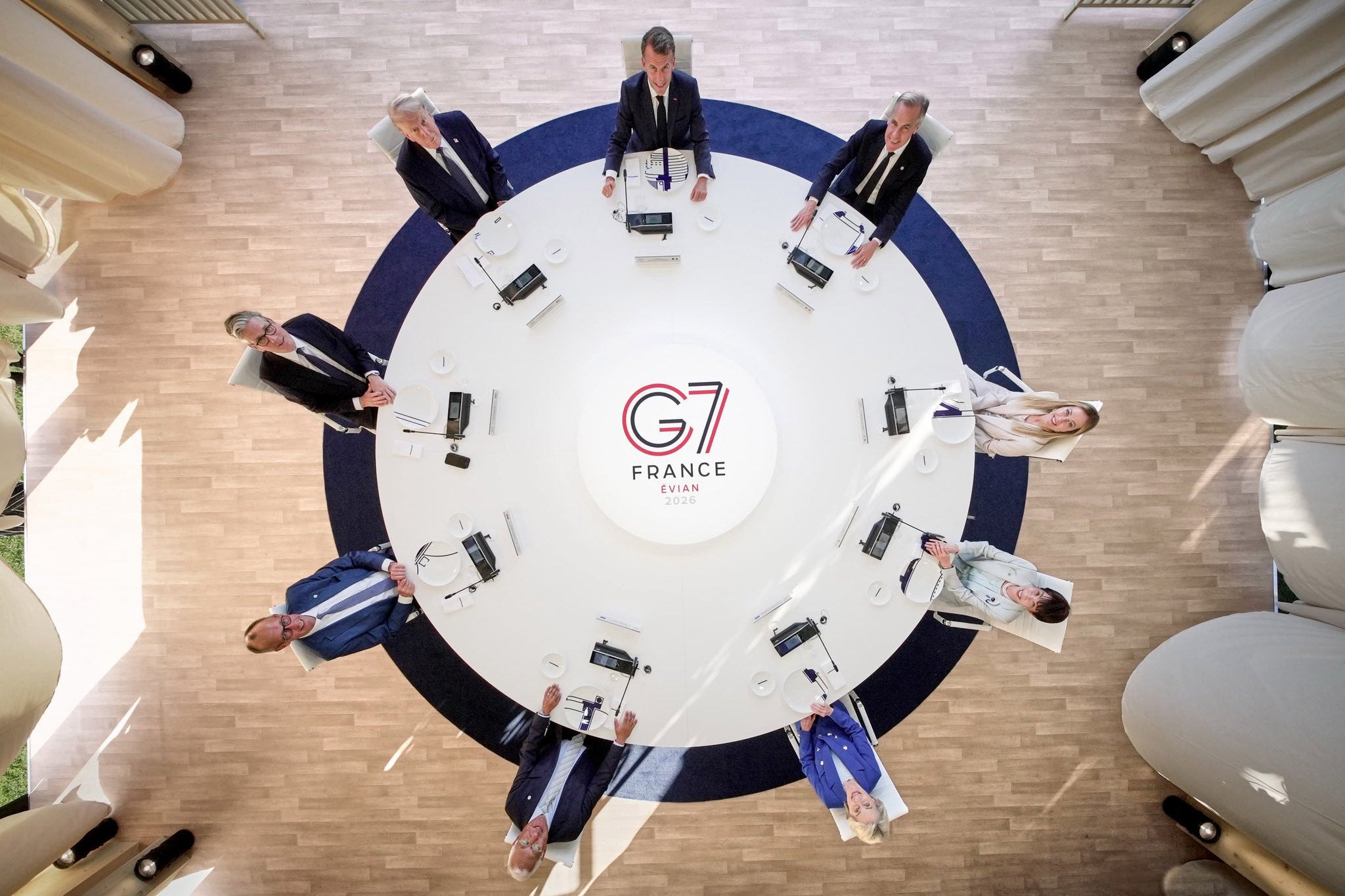 Donald Trump with his fellow G7 leaders. Pictured clockwise from Trump: French President Emmanuel Macron; Canadian Prime Minister Mark Carney; Italy's Prime Minister Giorgia Meloni; Japan's Prime Minister Sanae Takaichi; European Commission President Ursula von der Leyen; European Council President Antonio Costa; Germany's Chancellor Friedrich Merz; British prime minister Keir Starmer