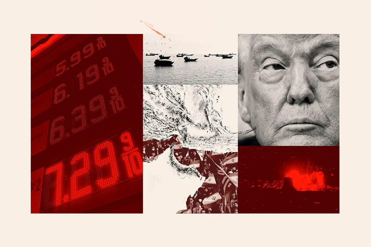 A Newsweek  composite image of, clockwise from left, a sign showing gas prices, amphibious landing craft, President Donald Trump, a missile exploding, and Iranian demonstrators.