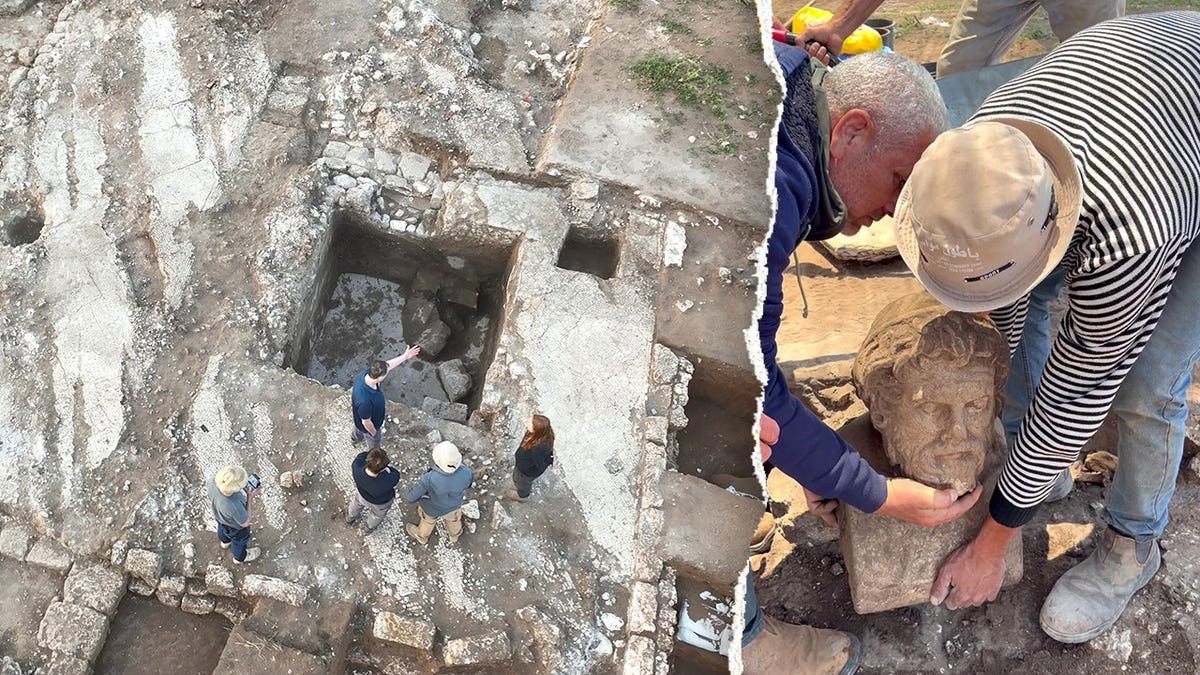 Split image of excavation site, archaeologists next to statue