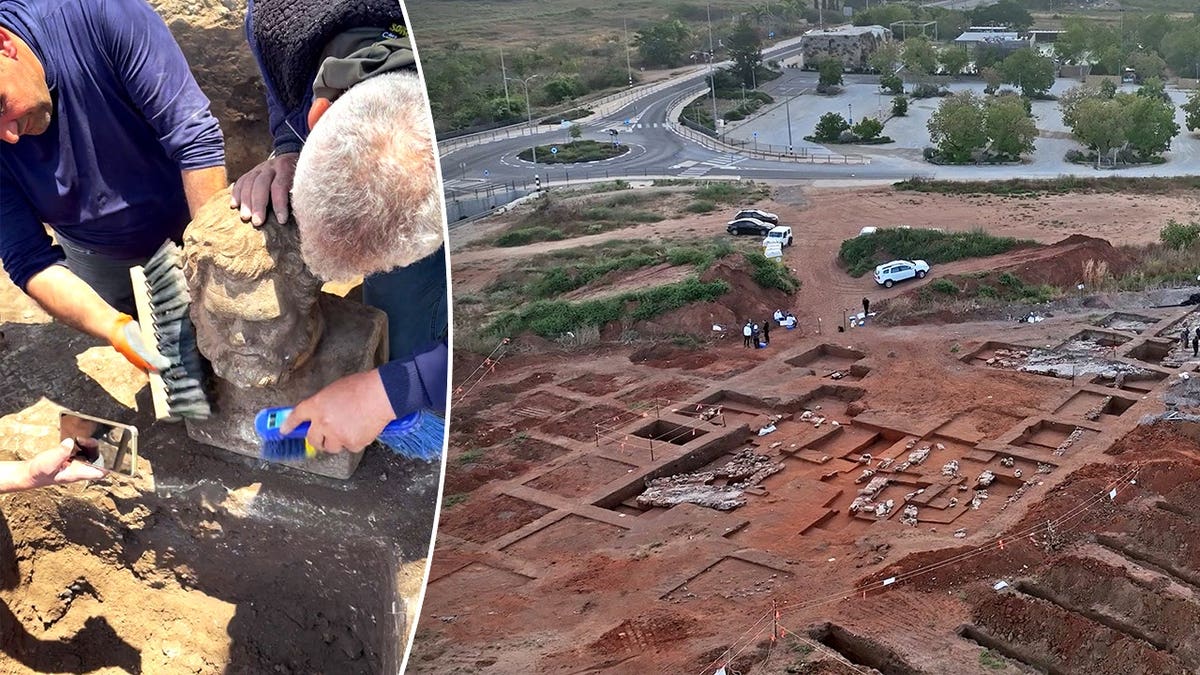 Split image of archaeologists working, aerial shot of excavation site