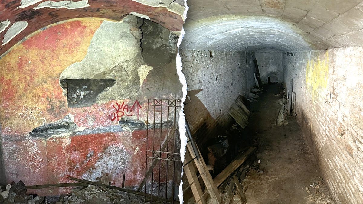 Split image of interior of domus, long hallways