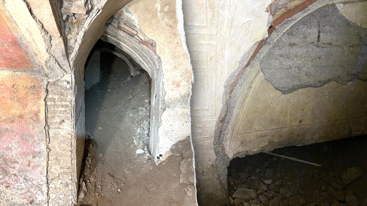 Split image of rubble-filled rooms, vaulted ceilings