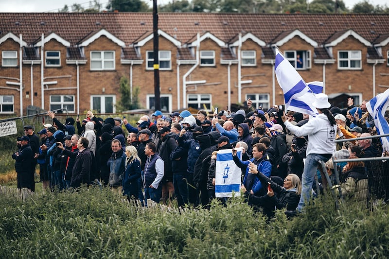 DUP MLA Carla Lockhart in Sacra as the March for Gaza passes by Scarva village. PICTURE: BRENDAN HARKIN