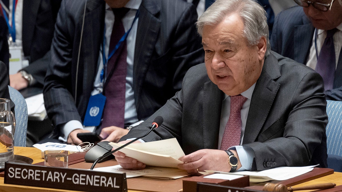 United Nations Secretary General Antonio Guterres speaking during a Security Council meeting