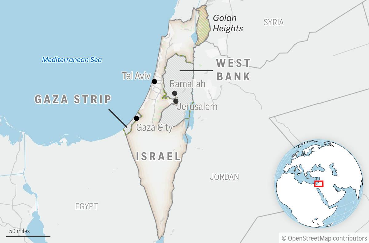 This is a locator map of Israel and the Palestinian Territories.