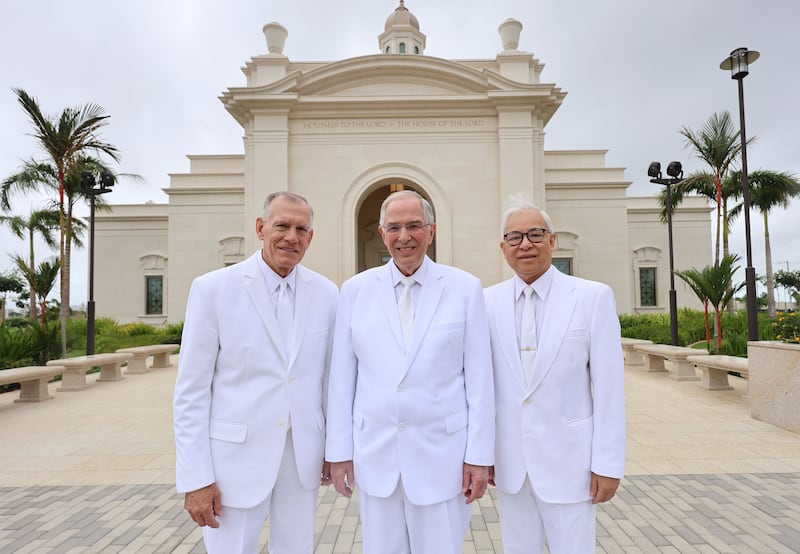 Elder Neil L. Andersen of the Quorum of the Twelve Apostles, center, Elder Steven R. Bangerter, General Authority Seventy and executive director of the Temple Department, left, and Elder Chi Hong (Sam) Wong, General Authority Seventy and first counselor in the Philippines Area presidency, pause for a photo outside the Bacolod Philippines Temple prior to dedication in Bacolod City, Philippines, on Sunday, May 31, 2026.