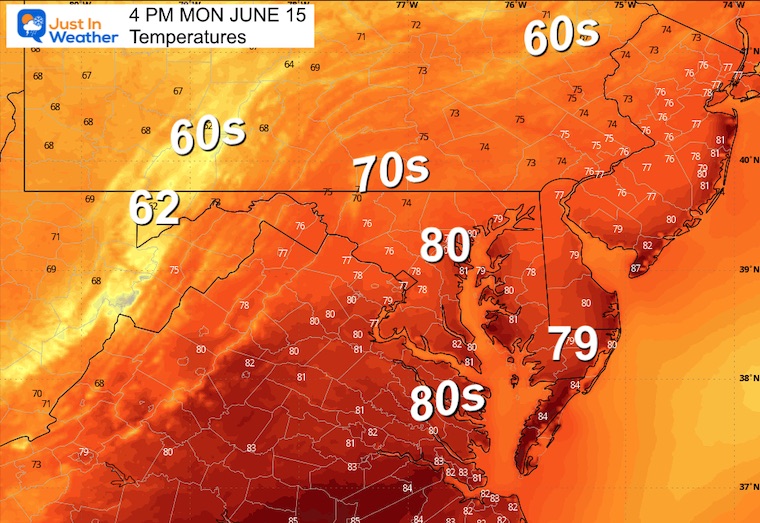 June 14 weather temperatures Monday afternoon