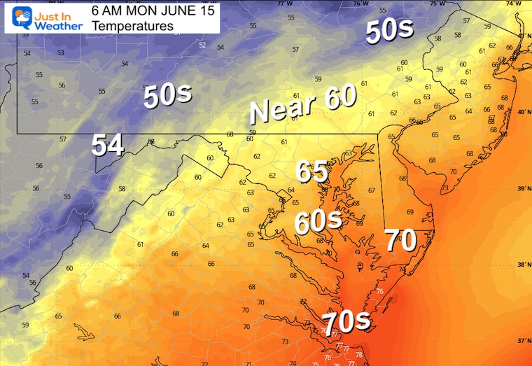 June 14 weather temperatures Monday morning