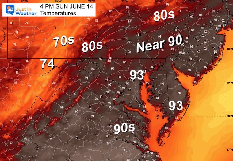 June 14 weather temperatures Sunday afternoon