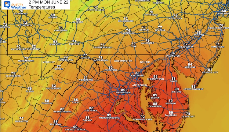 June 21 weather forecast temperatures Monday afternoon