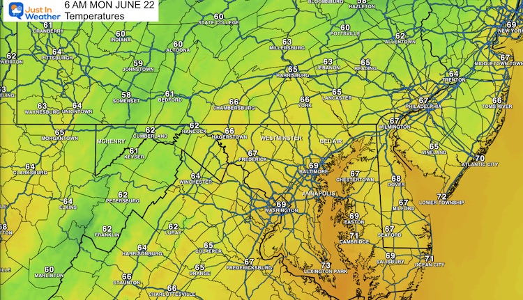 June 21 weather forecast temperatures Monday morning