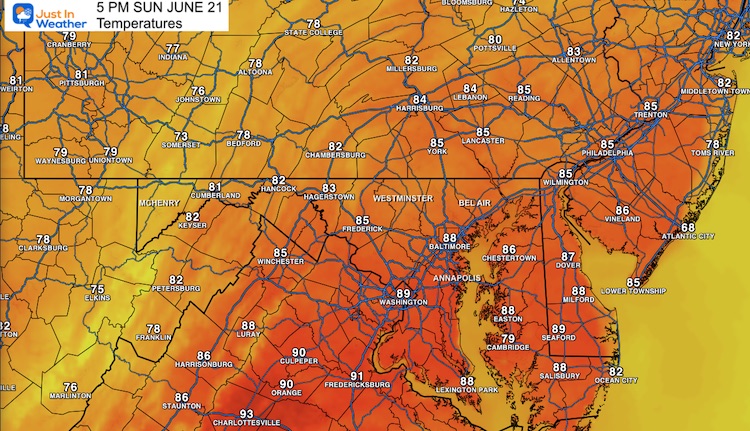 June 21 weather forecast temperatures Sunday afternoon