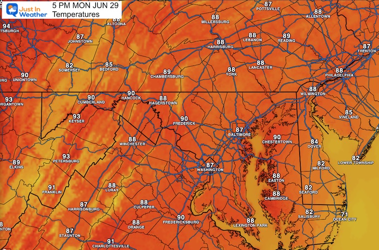 June 28 weather temperatures Monday afternoon