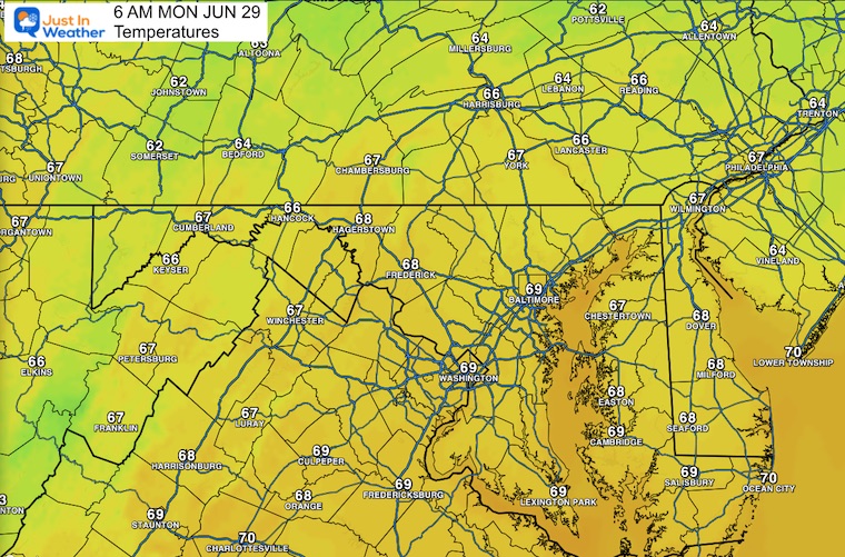 June 28 weather temperatures Monday morning