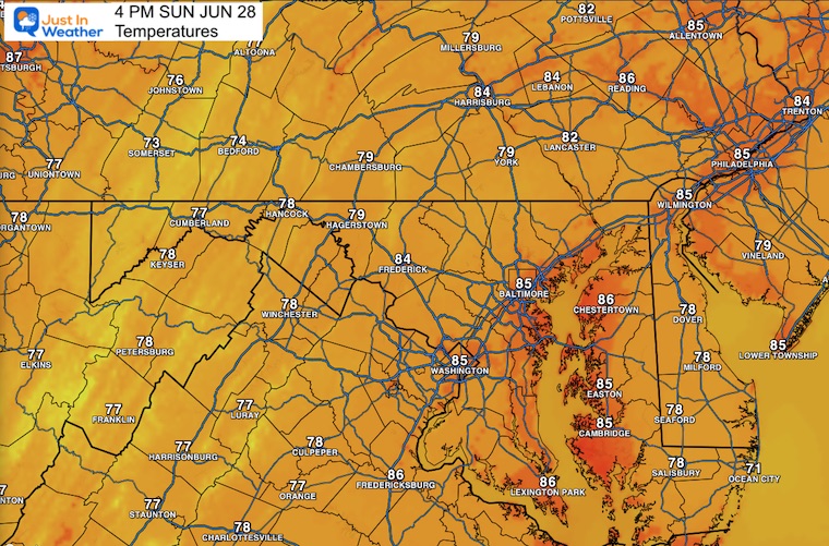 June 28 weather temperatures Sunday afternoon