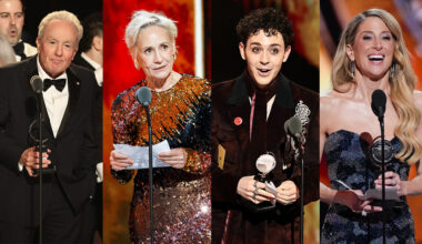 Lorne Michaels, Laurie Metcalf, Ali Louis Bourzgui and Caissie Levy accepting their Tony Awards.