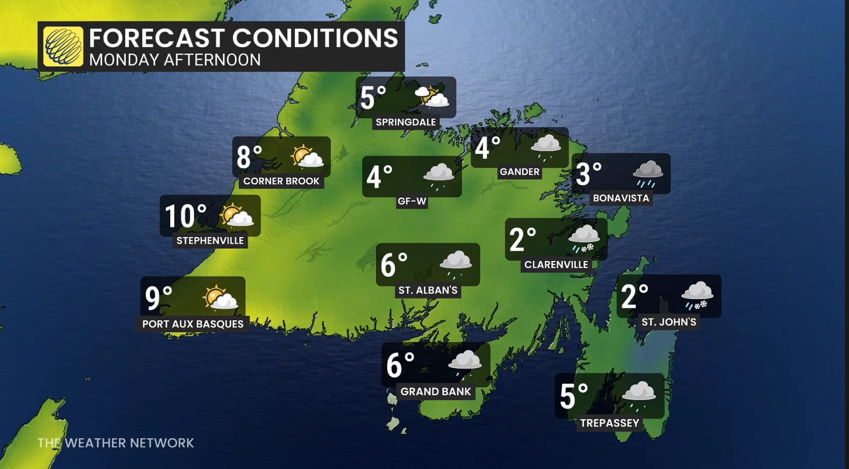 Newfoundland forecast conditions Monday afternoon