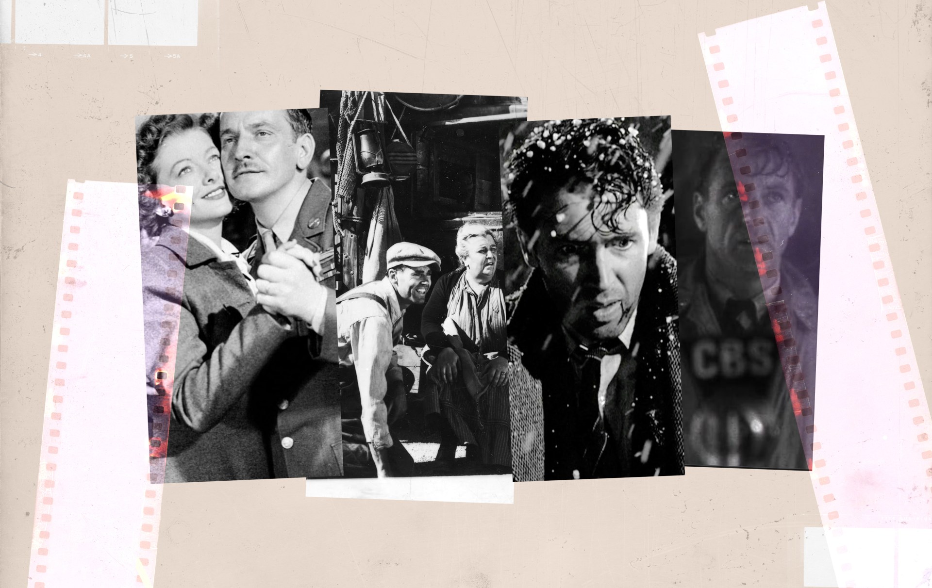 # Alt Text A collection of overlapping black and white film stills from classic cinema, arranged on a beige surface with film strip borders, depicting various scenes with actors in period costumes from different eras of filmmaking.