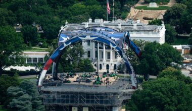 The arch of the Ultimate Fighting Championship arena under construction rises above the South Lawn of the White House in Washington.