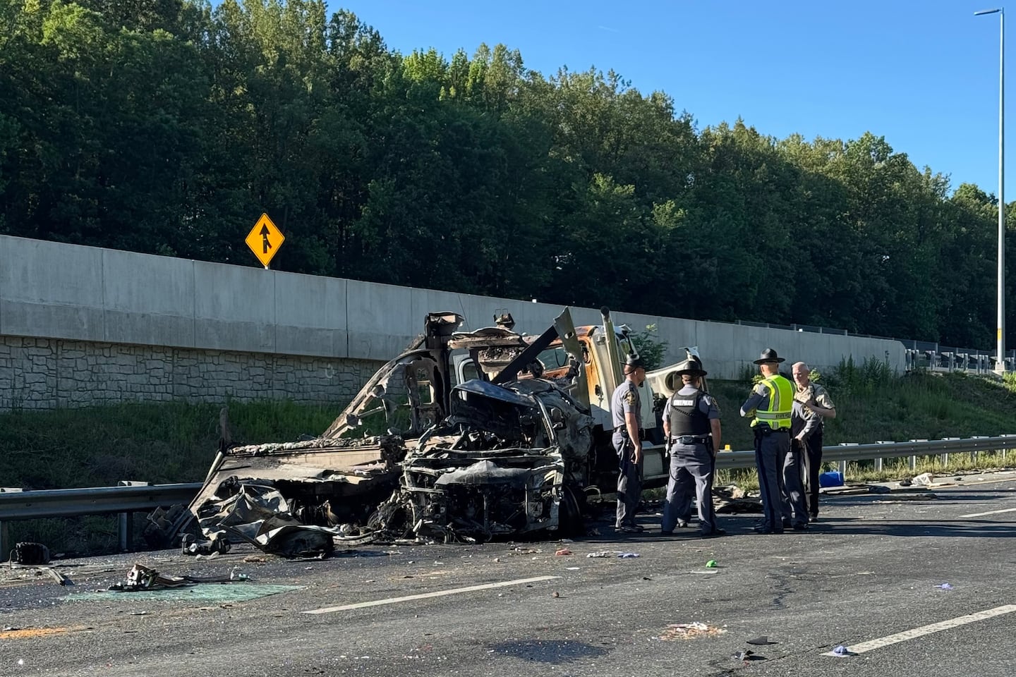This photo, provided by the Virginia State Police, shows the scene of a fatal accident involving a bus on Interstate 95 near Quantico, Va., on May 29, 2026. 