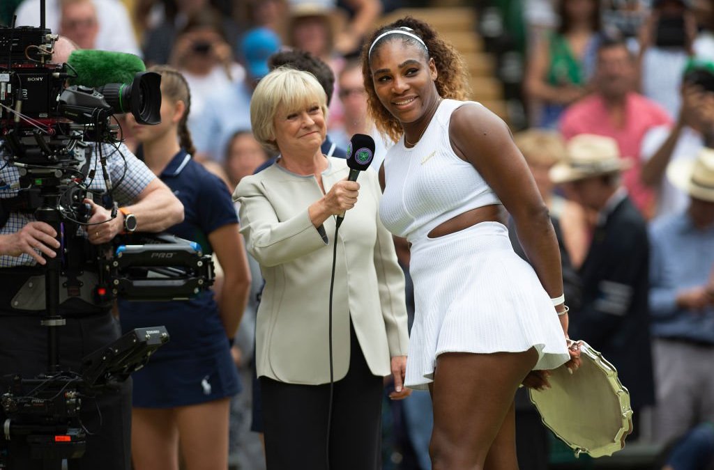 LONDON, ENGLAND - JULY 13: BBC commentator Sue Barker interviews Serena Williams of USA after her defeat to Simona Halep of Romania in the Final of the Ladies Singles on Day Twelve of The Championships - Wimbledon 2019 at All England Lawn Tennis and Croquet Club on July 13, 2019 in London, England. (Photo by Visionhaus/Getty Images)