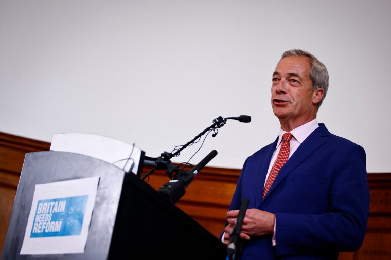 Leader of Reform UK Nigel Farage delivers a speech, in central London, on June 14, 2024, following the publication of an opinion poll ahead of the UK general election of July 4. The Conservative party of British Prime Minister Rishi Sunak has fallen behind the hard-right anti-immigration Reform UK party for the first time in a poll by YouGov, which called the development a "seismic shift". The new poll, conducted on June 12 and June 13, shows Brexiteer Nigel Farage's Reform with 19 percent support going into national elections next month, compared to the Conservatives' 18 percent. Both are trailing far behind the centre-left Labour party. (Photo by BENJAMIN CREMEL / AFP) (Photo by BENJAMIN CREMEL/AFP via Getty Images)