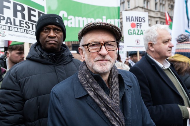 LONDON, UNITED KINGDOM - FEBRUARY 15, 2025: Former leader of the Labour Party Jeremy Corbyn MP joins protesters gathering in Whitehall to march in solidarity with the Palestinian people after US President Donald Trump made controversial comments about Gaza, suggesting that the US should take control of the territory and relocate Palestinians to neighbouring countries in London, United Kingdom on February 15, 2025. (Photo credit should read Wiktor Szymanowicz/Future Publishing via Getty Images)