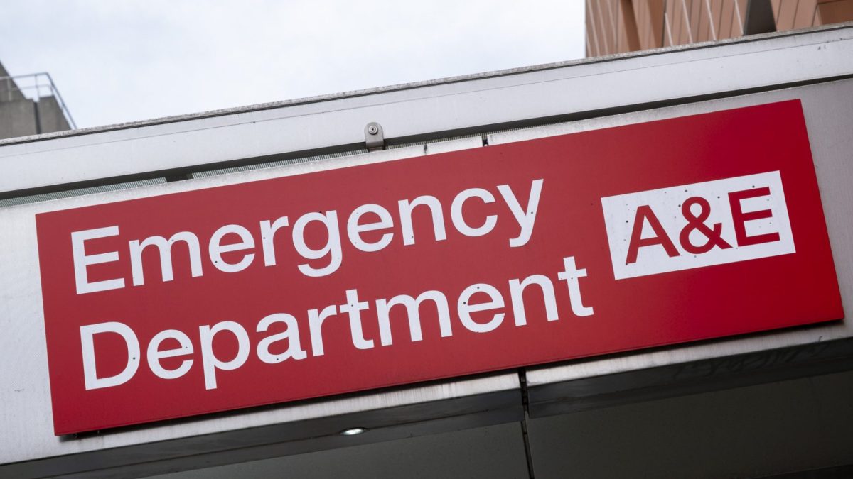Sign for the accident and emergency or A&E department of the Royal London Hospital in Whitechapel on 12th June 2024 in London, United Kingdom. Britains biggest new hospital The Royal London and Barts state-of-the-art new building which will sit behind the historic front block overlooking the Whitechapel. This blue glass structure is massive in scale and a modern architectural testiment to the NHS. (photo by Mike Kemp/In Pictures via Getty Images)